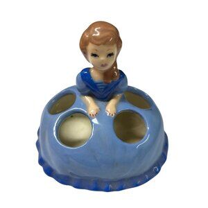 Vintage Lipstick Holder Ceramic Girl Doll Blue